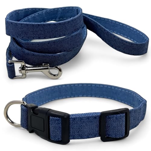 MIJOMA Hundeleine und Hundehalsband Set - 1,20m Leine, verstellbares Halsband, Verschiedene Designs, robust und stilvoll (blau Jeansstoff) von MIJOMA