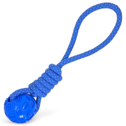 MIJOMA Hundespielzeug Ball am Seil – schwimmender Silikonball, ideal für Apportierspiele & Kauen, Robustes Tau 100% Polyester, interaktiv, Gesamt 40cm, (Blau) von MIJOMA