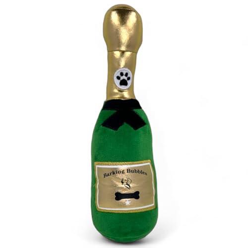 MIJOMA Hundespielzeug Barking Bubbles - Plüsch-Champagnerflasche für Hunde, Quietschgeräusch, Robustes Polyester, 28 cm (Grün) von MIJOMA