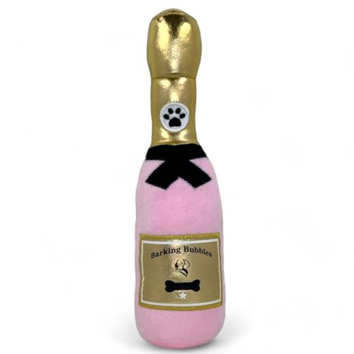 MIJOMA Hundespielzeug Barking Bubbles - Plüsch-Champagnerflasche für Hunde, Quietschgeräusch, Robustes Polyester, 28 cm (Rosa) von MIJOMA
