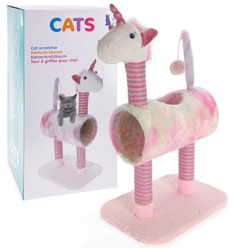 MIJOMA Katzenkratzbaum im Einhorn-Design, Pink-Batikoptik, 3 Sisal-Kratzsäulen, spielerischer Schwanz mit Bommel, Plüschkopf & Tunnel, 85x40x30 cm – Perfekt für Spiel & Pflege von MIJOMA
