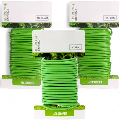 MIJOMA Pflanzenbinder Set – 3 Rollen Gartendraht grün, 2X 10m x 2,5mm & 1x 5m x 4mm, gummiert & flexibel, Draht für Gartenarbeit, Kletterpflanzen & Blumen von MIJOMA