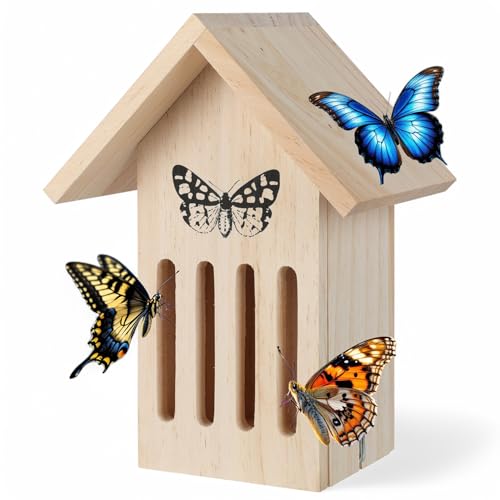 MIJOMA Schmetterlingshaus aus Holz – Wetterfestes Insektenhotel für Schmetterlinge – Schutz vor Fressfeinden & Unwetter – Perfekt für Garten & Balkon – Mit seitlicher Klappe zur Reinigung von MIJOMA