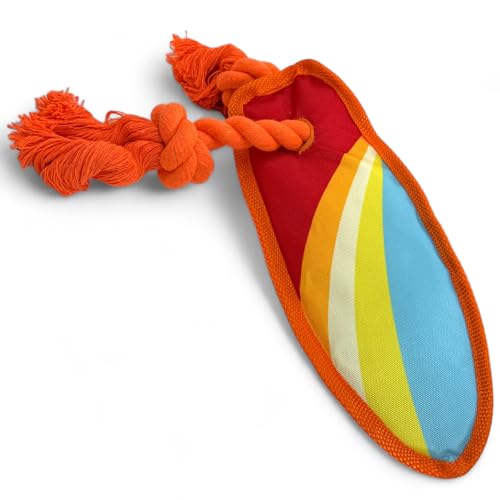 MIJOMA Surfbrett Hundespielzeug für sportliche Hunde – Weiches Nylon Quietsch-Spielzeug, Kau-Tau mit Knoten, 26x11x4 cm, 100% Polyester (Orange-Rot) von MIJOMA