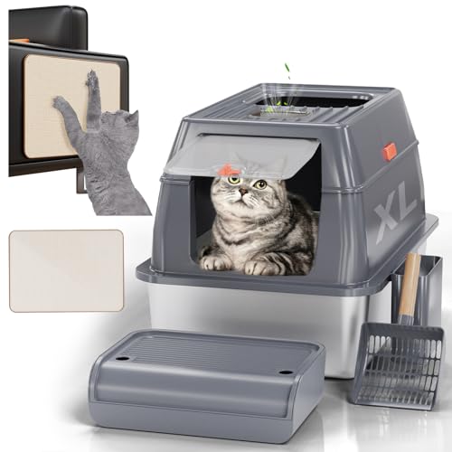 Geschlossene Katzentoilette aus Edelstahl mit Deckel, XL Extra große Katzentoilette für Großkatzen Multi-Katzenfamilie, geschlossene abnehmbare Metalltoilette mit hochseitigem Gehäuse & Schaufel, Geschlossene Katzentoilette aus Edelstahl mit Deckel, XL Extra große Katzentoilette für Großkatzen Multi-Katzenfamilie, geschlossene abnehmbare Metalltoilette mit hochseitigem Gehäuse & Schaufel, von MIKK