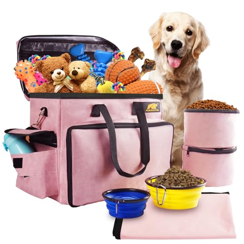 MIKKUPPA Hunde-Reisetasche - Haustier-Reisetasche für Hundebedarf, Hunde-Reiseset mit 2 Futterbehältern, 2 Haustierfutterbehältern, 1 Outdoor-Decke, Hunde-Reisezubehör für Camping, Wandern (Rosa) von MIKKUPPA
