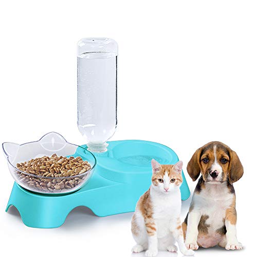 MILIFUN Doppelter Hundenapf und Futternapf, 15 ° geneigt, Wasser- und Futternapf, Set mit automatischer Bewässerungsflasche für kleine oder mittelgroße Hunde und Katzen (blau) von MILIFUN