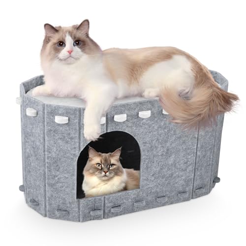Katzenhöhle Filz 2 Schicht,Katzenbett Höhle für Indoor Katzen，Katzenhaus aus Filz zum Schlafen, Spielen und Verstecken, 58 x 33 x 30cm für Kurzhaar,Ragdoll,Grau von MINENICE