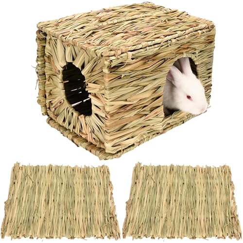MINGZE Faltendes Strohhaus, Kaninchengrashaus, für Kaninchen-Meerschweinchen Chinchilla Frettchen, Multi-Utility, essbar, ungiftig, Kauspielzeug für kleine Tiere - 2 Grasmatte von MINGZE