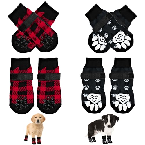 MINISOISO 4 Paar Indoor Anti-Rutsch Socken für Hunde, weicher Verstellbarer Pfotenschutz mit Klettverschluss für Hartholzböden in Innenräumen, Hundesocken für kleine, mittlere große Hunde von MINISOISO