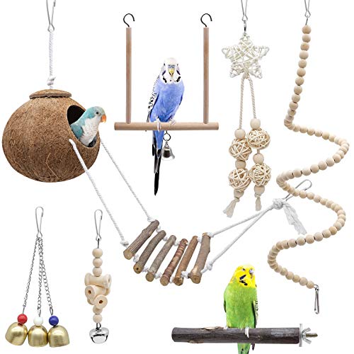 7 Stück Vogel Spielzeug Wellensittich Spielzeuge, Kokosnuss Vogelkäfig Spielzeug mit Leiter, Vogelkäfig Zubehör, Stehsitzstange, Hängematte, Kletterleiter für Sittiche,Nymphensittiche, Wellensittiche 7 Stück Vogel Spielzeug Wellensittich Spielzeuge, Kokosnuss Vogelkäfig Spielzeug mit Leiter, Vogelkäfig Zubehör, Stehsitzstange, Hängematte, Kletterleiter für Sittiche,Nymphensittiche, Wellensittiche von MINISOISO