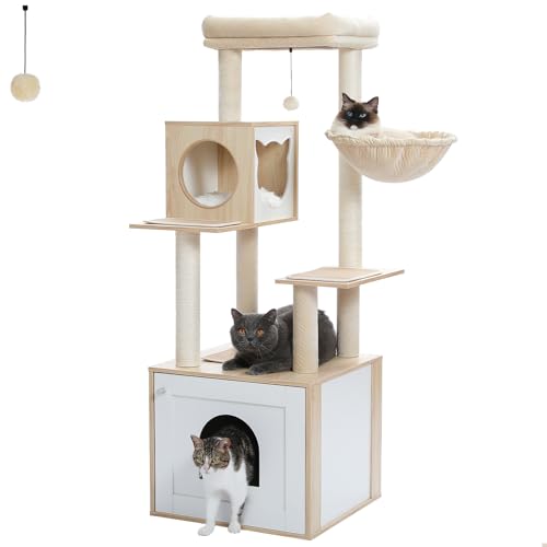 MIOMUM Hoher Katzenbaum mit Katzentoilette, 144 cm, Katzenturm aus Holz für große Katzen, mit Katzenhängematte, Hausbett (Holz, Beige) von MIOMUM