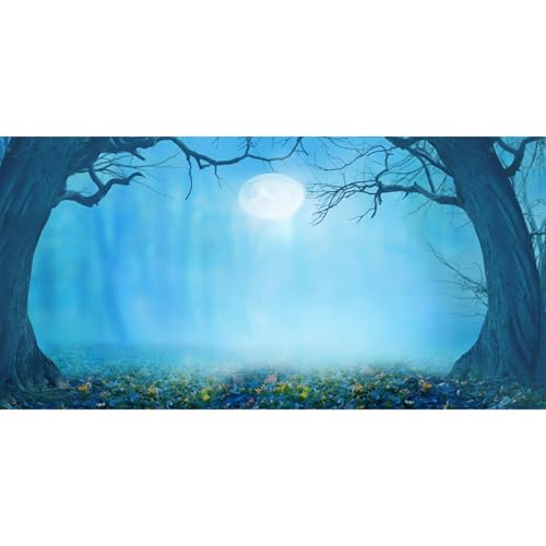MIRRORANG 120x50cm Blauer gruseliger Aquarium Hintergrund mit Bäumen, Vollmond und Halloween, langlebiger Vinyl Hintergrund für 20 Gallonen Aquarien von MIRRORANG