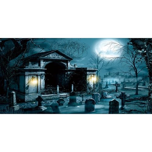 MIRRORANG 120x50cm Dunkler, gruseliger Aquarium Hintergrund mit Laterne, Grabstein, Vollmondnacht, Halloween Aquarium Vinyl Hintergrund von MIRRORANG