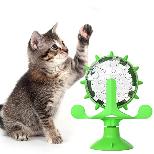 MISETA Windmühle Katzenspielzeug Drehteller Interaktives Katzenspielzeug für Indoor-Katzen Futterspender Katzenspielzeug mit Saugnapf (Farbe: grün) von MISETA