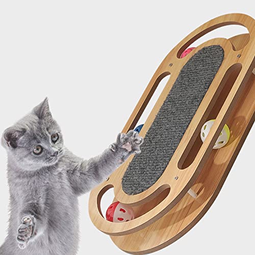 MISNODE Lustiges Katzen-Plattenspieler-Kombinationsspielzeug, Holz-Schienenbälle mit stabilen Kratzpolstern und 4 Kugeln für alle Altersgruppen, rund von MISNODE