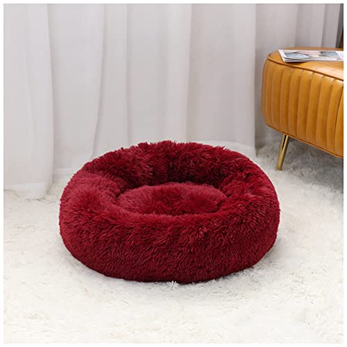 MISSMAO Deluxe-Haustierbett,für Katzen und Hunde, Hundebett Katzenbett Flauschig Rund aus Plüsch Donut Kuscheliges Hundekissen Hundekorb Waschbar,Rot,90cm von MISSMAO