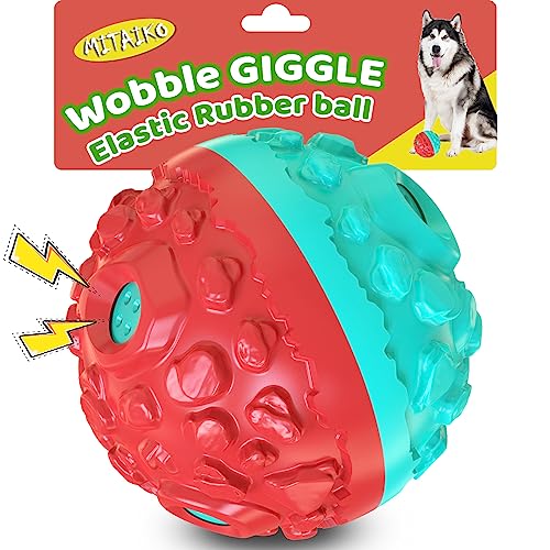 MITAIKO Hundespielzeugball für aggressive Kauer, interaktiver Apportierball mit lustigem quietschendem Kichergeräusch, ungiftiges elastisches Gummi-Haustier-Kauspielzeug, Blau & Rot von MITAIKO