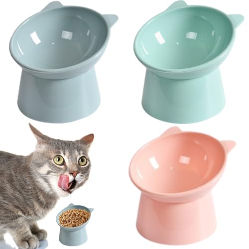 MITUMORMOR 3 Stück Katzennapf, Futternapf Katze, 15° Neigung Design Katzennapf Erhöht Fressnapf Katze, Anti Erbrechen Fressnapf Katze Wasser Fütterung Schüssel für Katzen (Rosa, Grau und Grün) von MITUMORMOR
