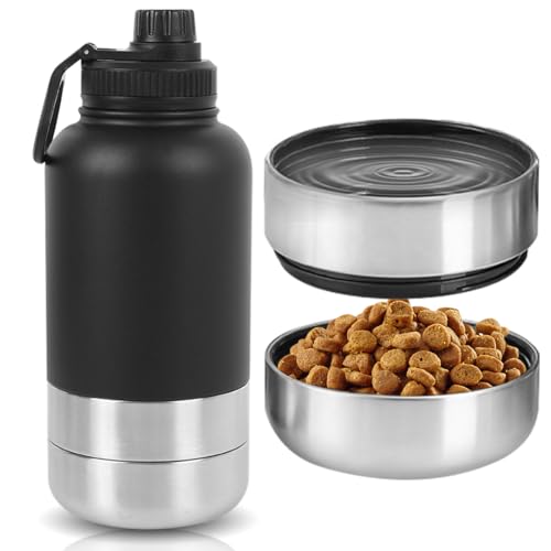 Trinkflasche Hunde für Unterwegs, 950ml Hundetrinkflasche für Unterwegs, Isolierte Edelstahl Wasserflasche mit Futternapf und Wassernapf, Tragbare Hundeflasche, Thermoflasche Hund für Reise Outdoor von MIUUIPI