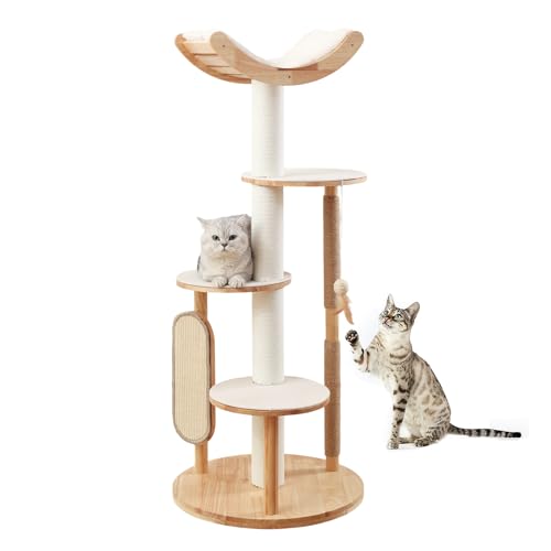 MIUZMORE 139.7 cm Katzenbaum Turm für Indoor Große Katzen, Massives Eichenholz Katzenbaum mit Kratzstämmen, Sisalkratzer, Anti-Rutsch-Plattformen, Weiches Katzenbett von MIUZMORE