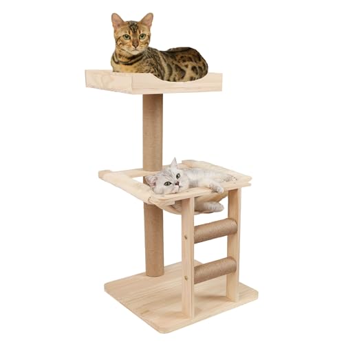 MIUZMORE 3-Ebenen Holz Kratzbaum für große Katzen – Stabiler Kletterbaum mit Hängematte, Kratzsäulen & Katzenlounge, platzsparender Katzenbaum für Wohnungskatzen von MIUZMORE