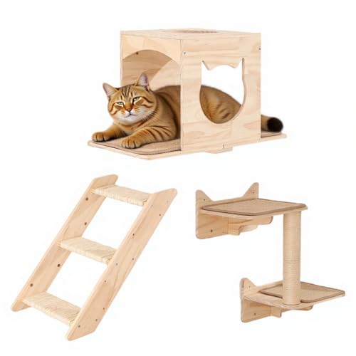 MIUZMORE Katzen-Wandregale Set - Wandmontierte Katzenmöbel mit Haus, Sisal-Kratzbaum, Kletterstufen - Massivholz Katze Kletterwand für Indoor Katzen, Platzsparendes Design von MIUZMORE