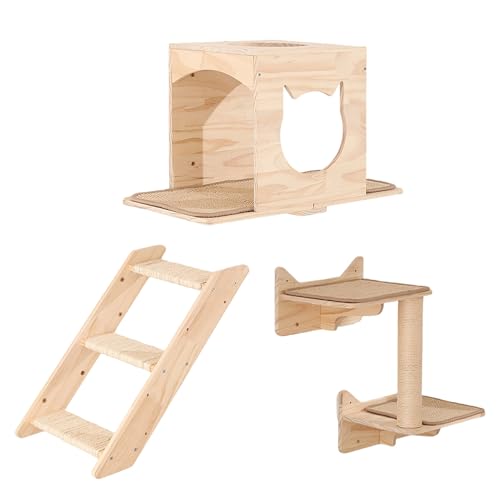 MIUZMORE Katzen-Wandregale Set - Wandmontierte Katzenmöbel mit Haus, Sisal-Kratzbaum, Kletterstufen - Massivholz Katze Kletterwand für Indoor Katzen, Platzsparendes Design MIUZMORE Katzen-Wandregale Set - Wandmontierte Katzenmöbel mit Haus, Sisal-Kratzbaum, Kletterstufen - Massivholz Katze Kletterwand für Indoor Katzen, Platzsparendes Design von MIUZMORE