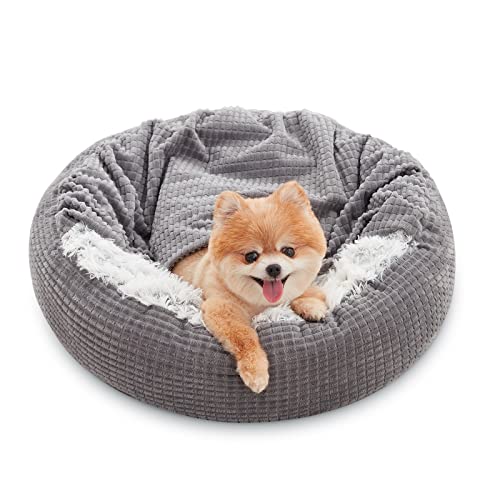 MIXJOY Kleines Hundebett mit Decke, rundes Donut-Anti-Angst, beruhigendes Hundebett für kleine Hunde, weiches Plüsch, rutschfeste Unterseite, 58.4 cm von MIXJOY