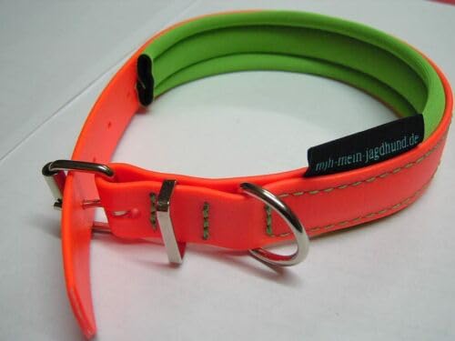 MJH BioThane® Halsband orange, gefüttert, vernäht, verstellbar, 25mm breit mit Neopren grün unterlegt (40-46cm) von MJH