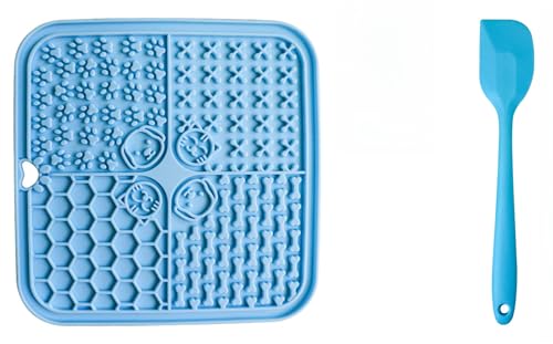 Premium Licky Mats für Hunde & Katzen - Silikon Leckmatte mit Saugnäpfen für langsame Fütterung, Angstlinderung & geistige Stimulation (für Fellpflege, Baden & Training) (4-Punkt-Gitter-Blau) von MJLOMJ