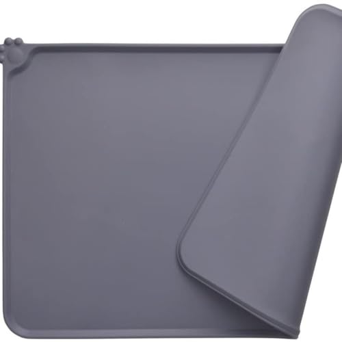 Silikon-Haustierfuttermatte (47 x 30 cm) – rutschfeste, wasserdichte Katzen- und Hundenapfmatte mit erhöhten Kanten, um Verschütten zu verhindern, leicht zu reinigende Fütterungsmatte (180 g) (grau) von MJLOMJ