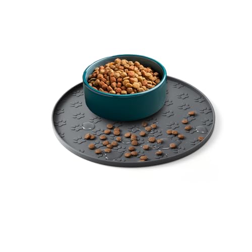 Napfunterlage Katzen, 28×28 cm Silikonmatte Rund, rutschfeste Unterlage Hundenapf für Futter, Wasserdicht Silikon-Futtermatten für Mittlere und Kleine Haustiere (1Pack Grau, 28cm x 28cm) von MLAHBT