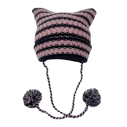 Hochelastische Winddichte Katzenohren Mütze Gestrickte Streifenmuster Mütze Hält Ohr Warm Mütze Baumelnden Pompons Hochelastische Winddichte Katzenohren Mütze Gestrickte Streifenmuster Mütze Hält Ohr Warm Mütze Baumelnden Pompons von MLWSKERTY