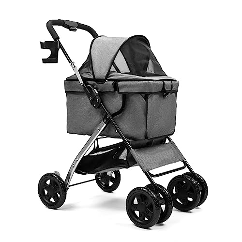 Haustier-Kinderwagen, 4-Rad-Haustierwagen, faltbarer Katzen- und Hundewagen, Go Out Puppy Kitty-Kinderwagen, abnehmbares Verdeck, leichte Karosserie mit Universalrädern, Grün(Dark Gray) von MMBUY