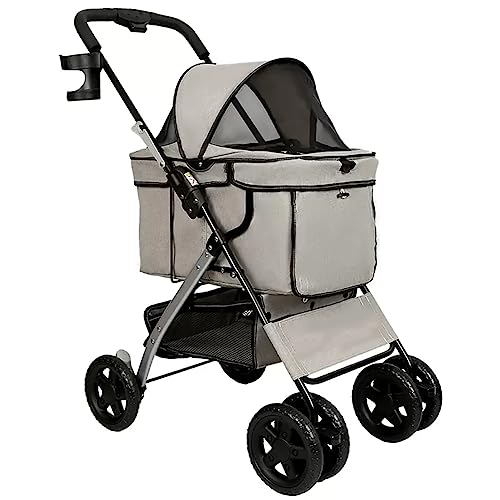 Haustier-Kinderwagen, 4-Rad-Haustierwagen, faltbarer Katzen- und Hundewagen, Go Out Puppy Kitty-Kinderwagen, abnehmbares Verdeck, leichte Karosserie mit Universalrädern, Grün(Light Gray Coffee) von MMBUY