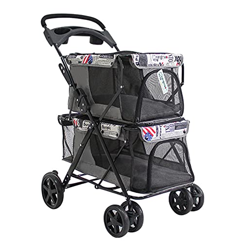 Kinderwagen for Haustiere, Reisekinderwagen for mittelgroße und kleine Hunde und Katzen, Doppelkinderwagen, Einhand-Klappfunktion, mit großer Aufbewahrungstasche, A (Farbe: B)(B) von MMBUY