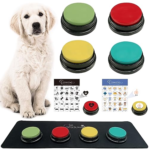 MMGGAISH Ein Set mit 4 bunten Hundeknöpfen, sprechenden Hundeknöpfen, Haustierknöpfen und wasserdichter Matte für die Kommunikation und 50 Aufklebern, um Ihrem Hund das Sprechen beizubringen von MMGGAISH