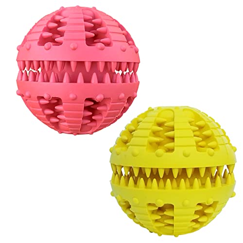 MMSGA 2 Pcs Hundeballe mit Zahnpflege，Katze Hund IQ Spielzeug Ball,Zahnkugel Spielzeug,Natur Gummi Ball mit Minzgeschmack für Katzenhund Zahnreinigung/Kauen/Spielen/Ausbildung (Kleine, Rot+Gelb) von MMSGA