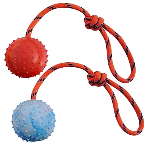 MMSGA 2Pcs Ball am Seil für Hunde und Katzen，trainingsball mit Seil,Hohlkugel aus Naturgummi Für Apportieren,Werfen und Schleppen des Krieges,Nicht geeignet für Starke Kaukraft Hund (S, Weiß+Rot) von MMSGA