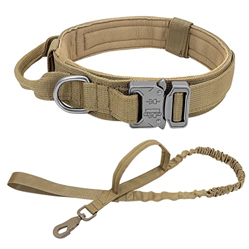 MNEVZX Hundeleine Militärisches taktisches Hundehalsband, elastisches Bungee-Leine-Halsband, Nylon-Haustierhalsband, große Hunde Hundeleine zum Trainieren(Khaki Set,L) von MNEVZX