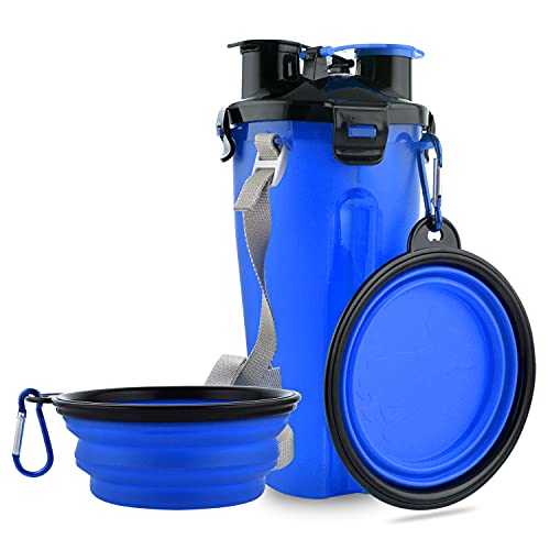 MOACC 800ml Tragbare Wasserflasche und Futterflasche 2-in-1 Trinkflasche mit 2 Faltschüsseln für Hunde, Hundenapf Faltbar Wassernapf für Camping, Spaziergang, Wandern und Training (Blau) von MOACC