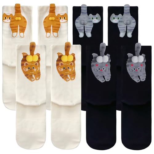 4 Paar Katzen Socken Damen, süße katzensocken mit Bällen, Socken Katze Katzensocken Damen 39-42, Weich Atmungsaktiv mit Lustigen Katzenmustern Sock Geschenke für Katzenliebhaber Frauen Mädchen von MOAZIFI