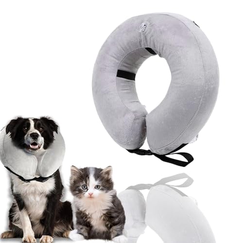 Halskrause Hund, Leckschutz Hund & Schutzkragen - Aufblasbarer Weicher Halskragen Grau 38x13cm (190g) für Hunde nach OP, Verletzungen oder Hautproblemen von MOAZIFI