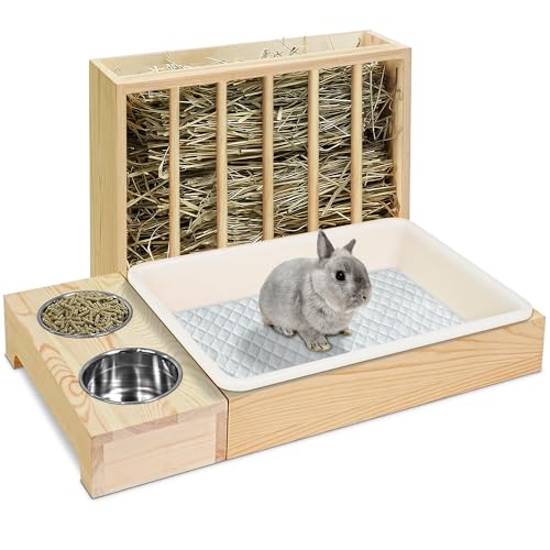 3 in 1 Kaninchen Heu Futterspender mit Katzentoilette, Holz Bunny Heu Feeder Meerschweinchen Heuhalter mit Toilette Kleintier Heuhalter Rack Krippe für Chinchillas, Hamster, Zwergkaninchen von MOBYKE