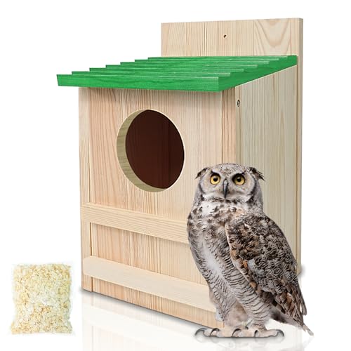 Screech Owl House, Owl Bird Box Large Handmade Wooden Circular Opening Screech Box for Outside with Mounting Screws and A Bag of Wood Spänes, Easy Assembly Required (Green, 22.9 cm x 36.8 cm) von MOBYKE