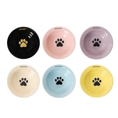 Mocerakai Katzennäpfe aus Keramik für den Innenbereich, 14 cm, 6-teilig, Katzenfutter-Schalen, Schnurrhaar, Müdigkeitsfreundlich, 6 Farben, Katzenschüssel mit niedlichem Katzen-Fußabdruck-Muster, von MOCERAKAI