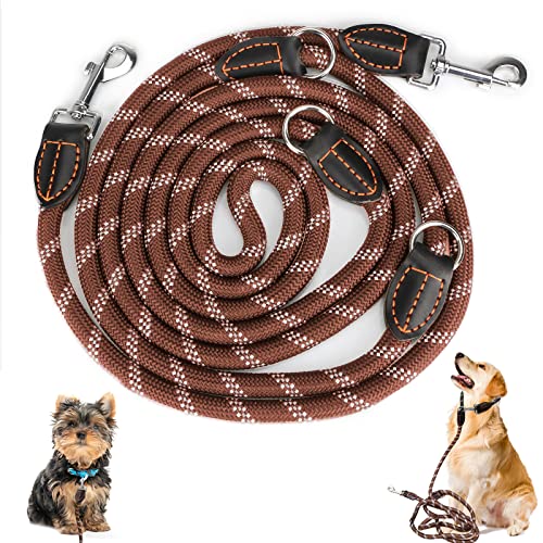 Hundeleine für große und mittelgroße Hunde - Verstellbare Doppelleine aus Nylon mit 2 Karabinerhaken und 3 Ringen - 3m x 15mm - Braun von MOCOBO