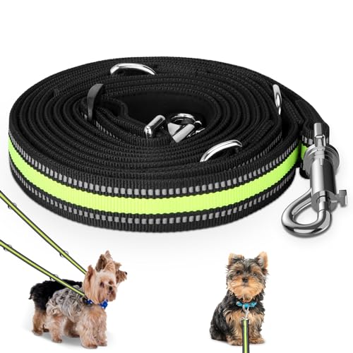 Hundeleine für große und mittelgroße Hunde - Verstellbare Doppelleine aus Nylon mit 2 Karabinerhaken und 3 Ringen - 3m x 15mm (Fluoreszierendes Grün) von MOCOBO