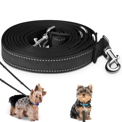 Hundeleine für große und mittelgroße Hunde - Verstellbare Doppelleine aus Nylon mit 2 Karabinerhaken und 3 Ringen - 3m x 15mm (Fluoreszierendes Schwarz) von MOCOBO